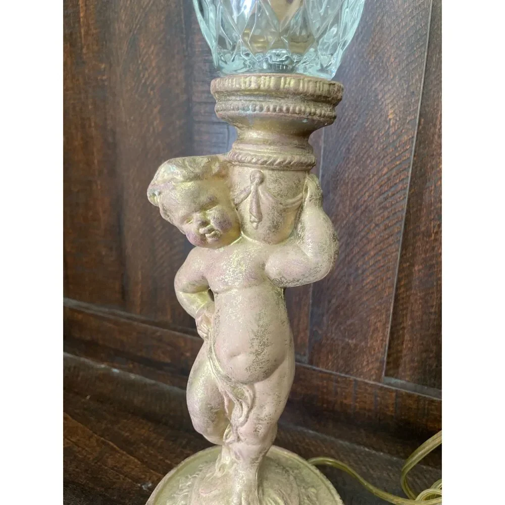 Vintage Cherub Table Lamp with Cut Glass Hurricane Shade | Accent Light